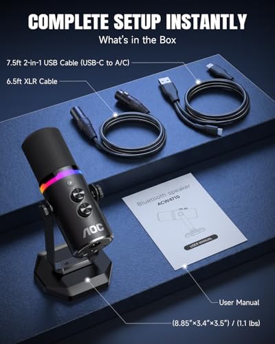 AOC USB/XLR Dynamic Microphone for PC Gaming & Podcasting, Dual-Mode Studio Streaming Mic with RGB Light, Quick Mute, Volume/Gain Control Knob, Heavy-Duty Desk Stand, Type-C & XLR Cables Included