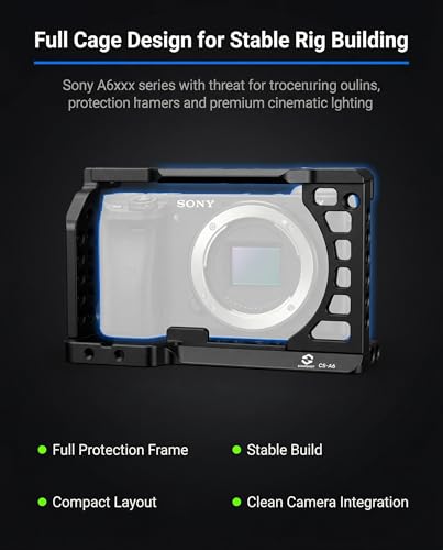 Full Camera Cage for Sony A6400, A6100, A6300, A6500, A6600, CNC Aluminum Camera Rig Cage with 1/4"-20 & 3/8"-16 Mounting Points, ARRI Locating Holes, Cold Shoe