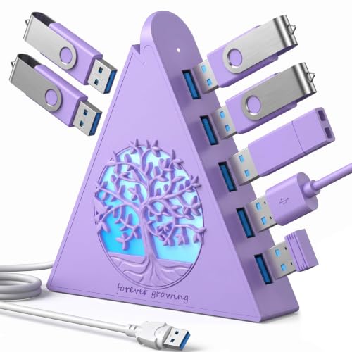 7-Port USB 3.0 Hub, Light Purple Vertical USB Splitter with Tree-Inspired RGB Lights, 5Gbps High-Speed Transfer, 2FT Cable, Compatible with MacBook, PC, Flash Drive, Console, Printer, Camera - color: 2-Tree Light Purple