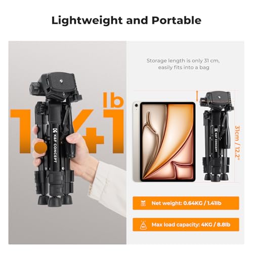K&F CONCEPT 25" Mini Desk Tripod for Camera Video | Portable Aluminum Tripod for DSLR Cameras Phone, Lightweight Video Tripod for Travel. with Remote Max load 8.8 lbs. Black
