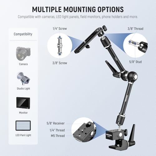 NEEWER 21" Magic Arm Camera Mount with Super Clamp, Overhead Desk Mount with 360° Dual Ball Head, 1/4" 3/8" 5/8" Stud Adapter for PA073 PA074 Phone Cage Rig DSLR Camera Monitor Video Light, UA018 - style: UA018