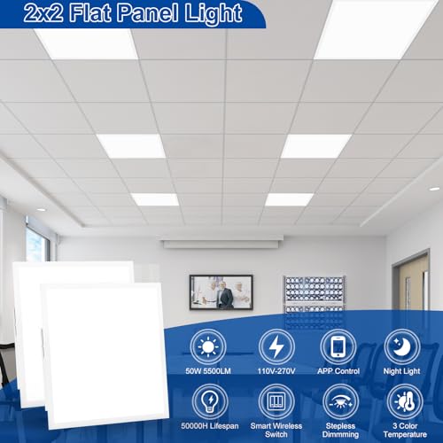 AIKVSXER 2x2 LED Flat Panel Light with Wireless Switch & App Control 6Pack | 50W 5500LM ,3000K-6500K,Night Light Mode,10-100% Dimmable,Recessed 2x2 LED Drop Ceiling Light for Office Home & Schools
