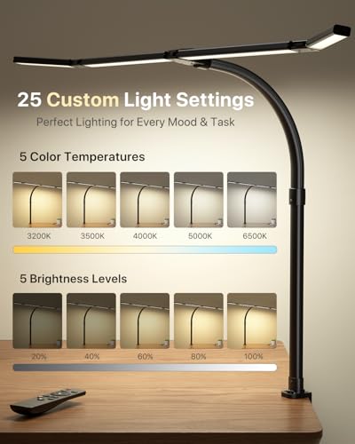 ONEMIX 42" LED Desk Lamp with Clamp, Architect Desk Light with Remote, Adjustable 4-Segment Bar, 1800LM Bright, Eye-Caring Desk Lamp for Home Office, Reading, Study, Dual Monitors, Workbench(Black) - color: Black