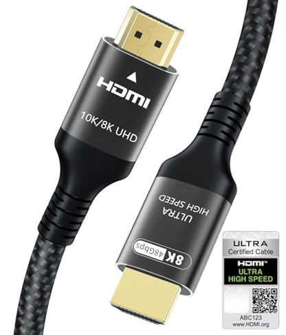 Certified 10K 8K 4K HDMI 2.1 Cable 6.6FT, 48Gbps Ultra High Speed HDMI Cord | Ethernet CEC 4K 240Hz 165Hz 144Hz 120Hz 8K 60Hz eARC Netflix HDCP2.3 HDR10+ PC Laptop RTX5090 TV Monitor Projector X-box PS5 - size: 6.6 ft
