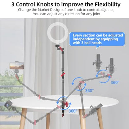HEMMOTOP 22in Magic Arm with Clamp, Long Articulating Arm Camera Mount, Adjustable Phone Mount Holder 360° Rotation, Mic Arm for Microphone, LED Lights, for iPhone, Tripod, Desk, Table - size: 22 in