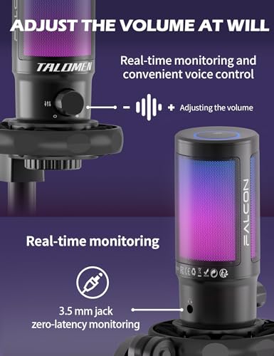 talomen Gaming Microphone for PC Computer, USB Streaming Condenser Mic Kit with RGB, Quick Mute, Gain Knob, Boom Arm Stand, Pop Filter for Podcasts YouTube F8S