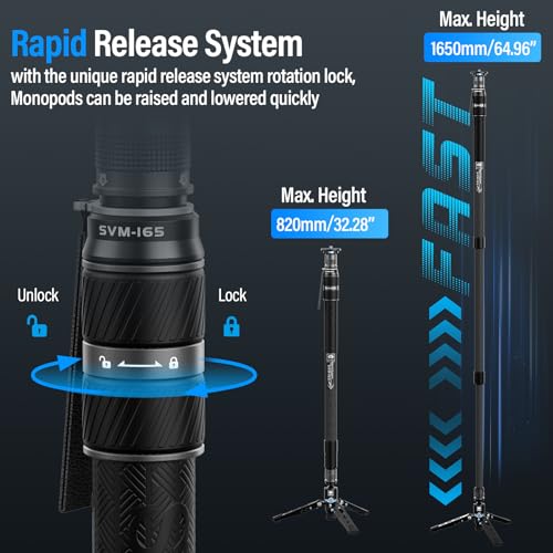 SIRUI SVM-165 Rapid Monopod for Cameras, 65” Carbon Fiber Monopod with Feet, One-Step Rapid Height Adjustment, Lightweight for DSLR Camera, Modular 3 in 1, Max Load 22lbs - size: SVM-165