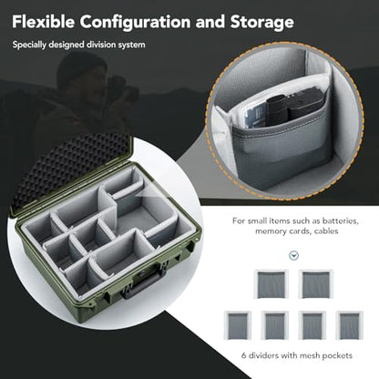 Lykus PVC1 Waterproof Hard Camera Case with Padded Dividers for Cameras, Lenses, Dual DJI Mavic/Air/Mini/Flip drones - color: Green PVC1