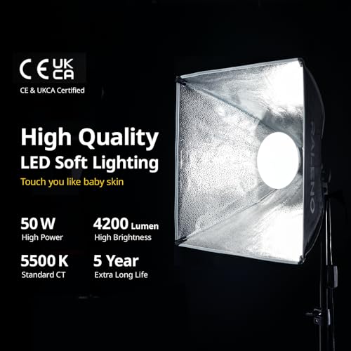 RALENO Softbox Photography Lighting Kit, 16'' x 16'' Softbox Lighting for TikTok with LED Bulb (50W | 5500K | 97 CRI | TLCI≥97), Continuous Light for Video Recording & Photography Shooting