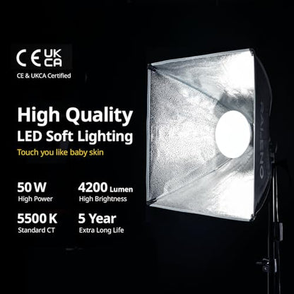 RALENO Softbox Photography Lighting Kit, 16'' x 16'' Softbox Lighting for TikTok with LED Bulb (50W | 5500K | 97 CRI | TLCI≥97), Continuous Light for Video Recording & Photography Shooting