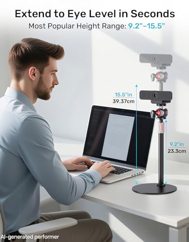 Webcam Tripod Stand for Desk, Newly Upgraded Small Base & 360° Ballhead & Height Adjustable, Ideal for Logitech Webcam C922 C930e C920 C615 C960 BRIO 4K NexiGo N60, Phone Holder with 1/4" Thread - size: 9.2–15.5"H (5.91" dia base)