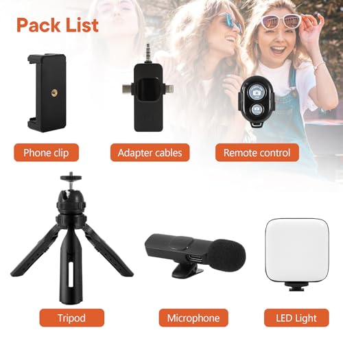 Vlogging Kit for iPhone, Android with Tripod, Soft Light, YouTube Starter kit Content Creator Equipment with Wireless Lavalier Microphone for Live Stream, Vlogging, YouTube, TikTok