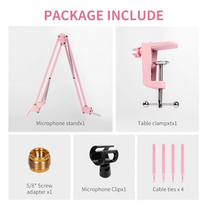 FEELWORLD AMS1 Microphone Boom Arm, Adjustable Mic Arm Stand with 3/8” to 5/8” Screw, Compatible with PM1 and other Mics for Podcast Straming Gaming Studio （Pink) - color: Pink