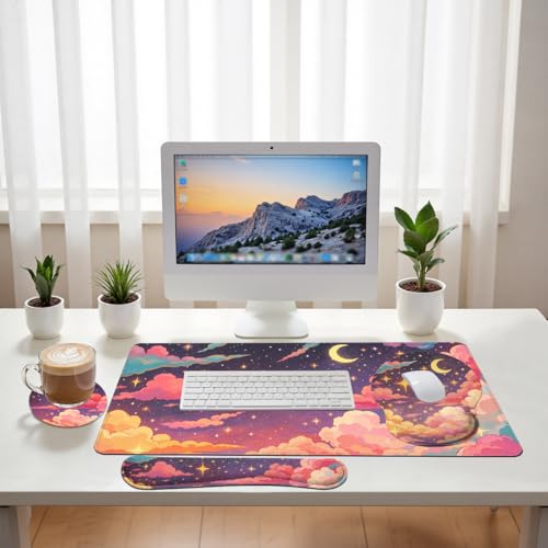 Dreamy Clouds Desk Mat Set Magical Star Night Large Mouse Pad with Wrist Rest 4in1 Desk Mat for Desktop Ergonomic Keyboard Wrist Support Anti-Slip Computer Ergonomic Mouse Pad Home Office Gaming - color: Dreamy Clouds