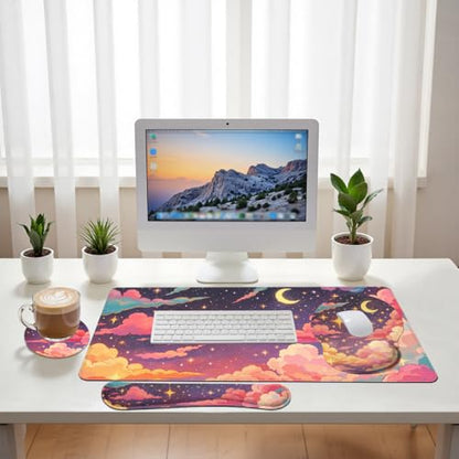 Dreamy Clouds Desk Mat Set Magical Star Night Large Mouse Pad with Wrist Rest 4in1 Desk Mat for Desktop Ergonomic Keyboard Wrist Support Anti-Slip Computer Ergonomic Mouse Pad Home Office Gaming - color: Dreamy Clouds