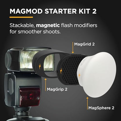 MagMod Starter Flash Diffuser Kit 2, Magnetic Flash Modifier Set for On- and Off-Camera Photography, Includes MagGrip 2, MagGrid 2 and MagSphere 2, Compatible with 99% of All Speedlites