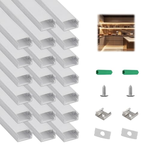 20-Pack 3.3ft/1m U-Shape LED Aluminum Channel System with Milky White Diffuser, LED Strip Light Track and Cover for Under Cabinet, Stairs, Ceiling, Fits ≤12mm Wide U Channel LED Strip ﻿ - color: Silver Aluminum + White Cover, size: 3.3FT/20P/#048