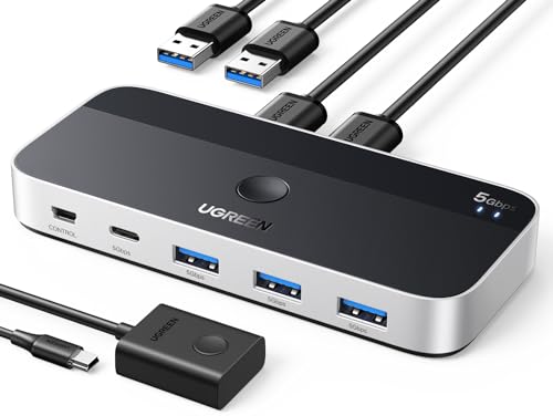 UGREEN USB 3.0 Switch 2 Computers Sharing USB C & A Devices, 4 Port USB Switcher Sharing Keyboard and Mouse, Printer/Scanner USB Switch Hub for Two Computers with 2 USB3.0 Cables and Remote - color: Silver