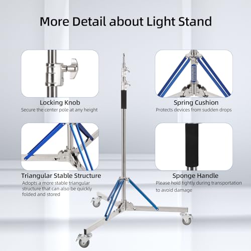 Heavy Duty Light Stand with Caster - 10.5ft/320cm Adjustable Light Stand with Stainless Steel, High Stability and Mobility Light Stand Photography for Strobe Light, Softbox, Reflector