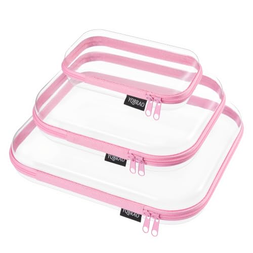 YQBRAO Clear Hard Shell Organizer Case Set, 3-Pack, Pink | Large, medium & small rigid PET organizers for beauty, travel, skincare and everyday organization - color: Pink, size: LMS