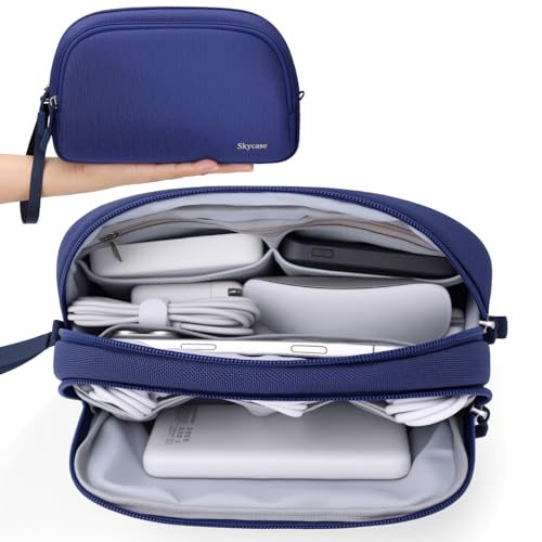 Skycase Travel Cable Organizer - Lightweight Water Resistant Dual-Layer Tech Pouch with Wrist Strap 9 Compartments Electronic Organizer Travel Case for Charger Cord Hard Drive,Small,Blue - color: Blue, style: S