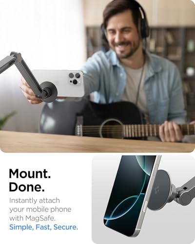 Spigen OneTap (Magfit) Adjustable and Flexible Phone Holder Clamp Stand with Magsafe, Overhead Mount Bed Accessories, Compatible with iPhone 16 15 14 13 12 Series & MagSafe Cases - Space Gray - size: Phone Holder Clamp Stand