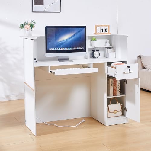 50" Reception Desk – Modern Front Desk with Lockable Drawer, Keyboard Tray, Storage Cabinet, Built-in Power Outlet, LED Lights & DIY Stripe – Ideal for Lobbies, Salons & Retail