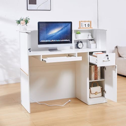 50" Reception Desk – Modern Front Desk with Lockable Drawer, Keyboard Tray, Storage Cabinet, Built-in Power Outlet, LED Lights & DIY Stripe – Ideal for Lobbies, Salons & Retail
