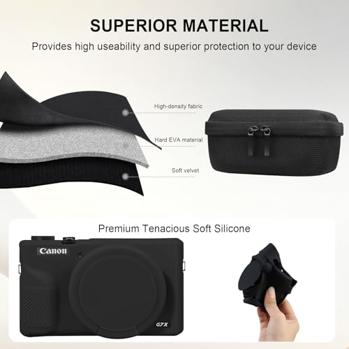 Elonbo Camera Case for Canon PowerShot G7X Mark III Digital Camera, G7X Mark III Hard Carrying Case + Soft Silicone Cover with Removable Lens Cover, Black - color: Black
