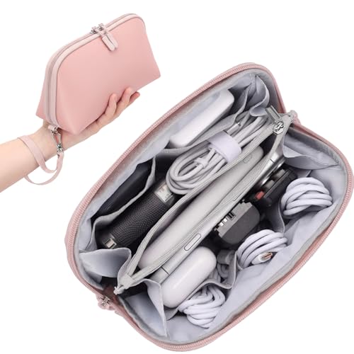 FYY Travel Cable Organizer - 8 Compartments, Lightweight, Water Repellent | With Wrist Strap, Portable Tech Pouch for Cord Charger, Travel and Business Trips Use, Soft Shell Nylon, Pink (Medium) - color: Pink, size: (M) 8.9"× 5.1"× 3.3"