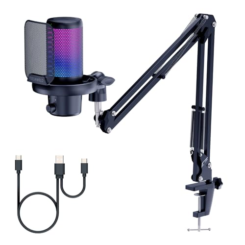 FEELWORLD VM1 Gaming PC USB Microphone Condenser Mic with Noise Cancellation Mute RGB Light, Computer Accessories Gifts for Gamer YouTube Twitch Podcast Streaming Recording Online Chat PS4 PS5 - color: Black