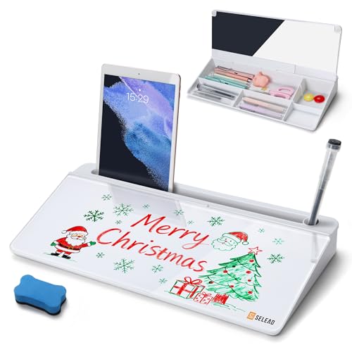 SELEAD Desktop Glass Whiteboard with Organizer & Built-in Mirror, Small Dry Erase White Board Computer Pad Keyboard Stand for Home, School, Office Desk Accessories - White - color: White Basic