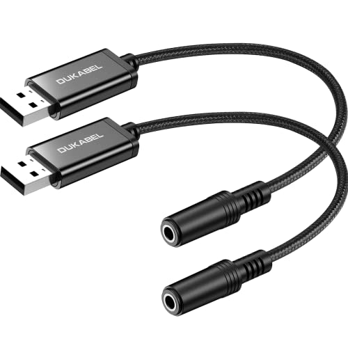 DUKABEL USB to 3.5mm Jack Audio Adapter - 2 Pack USB to Aux Cable with TRRS 4-Pole Mic-Supported External Sound Card for PC, PS4, PS5 and More [9.8 inch] - size: 9.9 inch / 2-Pack