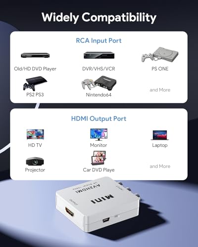 ABLEWE RCA to HDMI Converter, 1080P AV to HDMI RCA Composite CVBS Video Audio Converter Adapter Supporting PAL/NTSC for Xbox/PS2/Wii/SNES/N64/VHS/VCR/DVD - color: White
