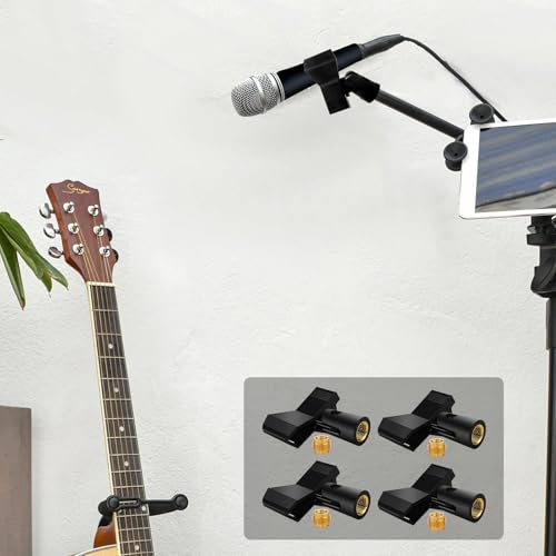 4 Pack Universal Adjustable Mic Clips for Stands, Wireless Microphone Holder with 5/8 to 3/8 Inch Adapter, 180° Adjustable Knob, Secure Clamp for Mic Stands
