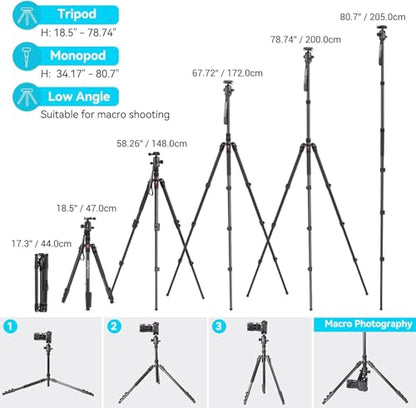 SmallRig CT-20 Camera Tripod, 78.7" Foldable Aluminum Tripod & Monopod, 360°Ball Head Detachable, Payload 33lb (200cm/78.7") - style: 78.7"