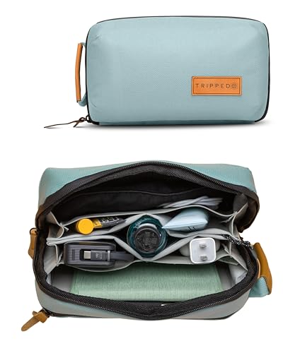 Tech Bag Organizer - Small Electronics Organizer Pouch for Travel - Premium Travel Case with Leather Accents - Mesh Pocket for Cables, Cords and Chargers (Dusty Teal) - color: Dusty Teal