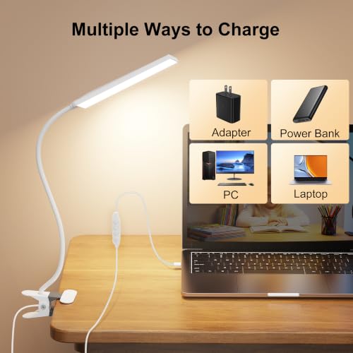 Vansuny Clip on Light LED Desk Lamp with Metal Clip, 6 Level Brightness 3 Color Modes, Power by USB Port 5W Adjustable Neck Eye-Caring Reading Light for Home and Office, White - color: White
