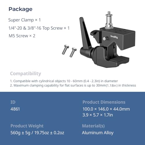 SMALLRIG Super Clamp Kit, Heavy Duty Max Load 33lb /15kg, with a 1/4"-20 & a 3/8"-16 Top Screw on a 5/8" Stud, for Photography Studio Video Camera Lighting, for Round Pipe and Flat Surface (Pack of 4) - size: 1 (Pack of 4)