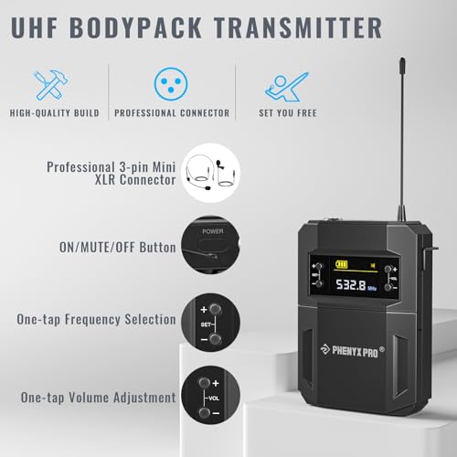 Phenyx Pro UHF Wireless Microphone System w/ 2x30 Tunable Frequencies, Metal Cordless Mic Set, 200 ft Range, 2 Bodypacks & Headsets/Lapel Mics for Speaking, Singing, Church, DJ (PTU-52-2B) | 2 Bodypacks, Auto Pair, 2 x 30 Frequencies, 200 ft Range, Hands-