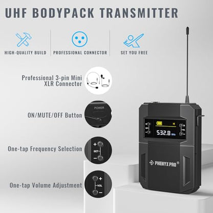 Phenyx Pro UHF Wireless Microphone System w/ 2x30 Tunable Frequencies, Metal Cordless Mic Set, 200 ft Range, 2 Bodypacks & Headsets/Lapel Mics for Speaking, Singing, Church, DJ (PTU-52-2B) | 2 Bodypacks, Auto Pair, 2 x 30 Frequencies, 200 ft Range, Hands-