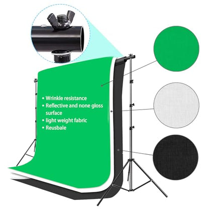 Photo Video Studio 10 x 8.5ft Stand with Muslin Backdrop (Green /White /Black) & 85W 5500K Led Bulb & Umbrella Lighting Kit Photography Background Support System Kit,Clamp, Carry Bag