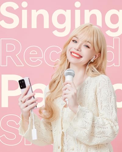 Singing Microphone with Earphone, Ideal for Vocal Recording, Podcasting, Live Streaming, Gaming, Compatible with Smule & Starmaker & Stingray, USB-C Dongle & Lightning Adapter, White