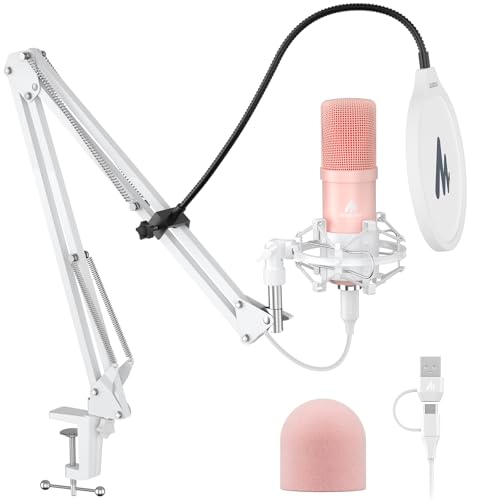 MAONO A04 Pink USB Microphone, 192kHz/24Bit Condenser Mic for PC Podcast | Plug & Play Computer Cardioid Metal Mic Kit with Pro Sound Chipset for Recording, Gaming, Content Creation, Stream, YouTube - color: Pink