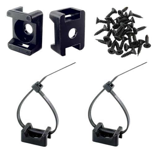 HS Saddle Type Cable Zip Tie Mounts Base Kit with Screw Hole,Set Strong 6 Inch Nylon Cable Ties and Screws Each 100 PCS,Wire Clips Anchor Management Fastener for Baseborad,Wall or Desk,Black