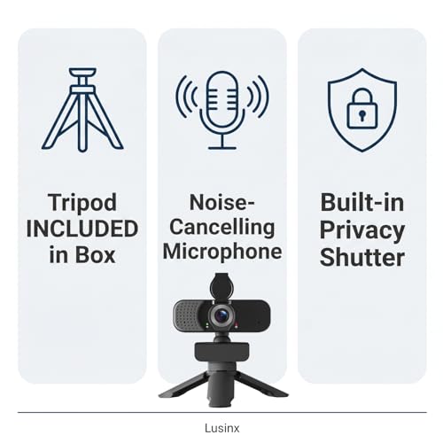 1080P Webcam with Noise-Cancelling Microphone and Tripod - Computer Camera with Privacy Shutter - 110° Wide Angle - USB Plug & Play for PC Laptop - Zoom Teams Streaming