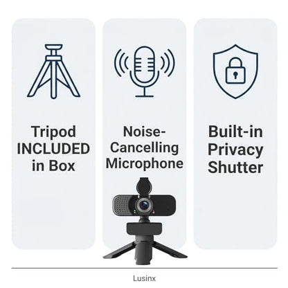 1080P Webcam with Noise-Cancelling Microphone and Tripod - Computer Camera with Privacy Shutter - 110° Wide Angle - USB Plug & Play for PC Laptop - Zoom Teams Streaming