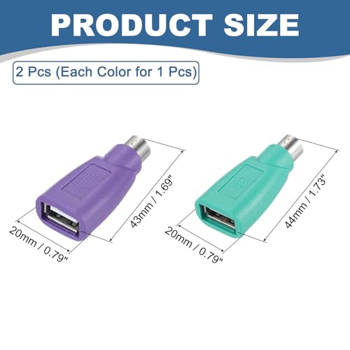 MECCANIXITY 2 Pcs PS/2 to USB Port, PS/2 Male to USB Female Adapter for Wired Mouse Keyboard Desktop PC Laptop Notebook, Green/Purple