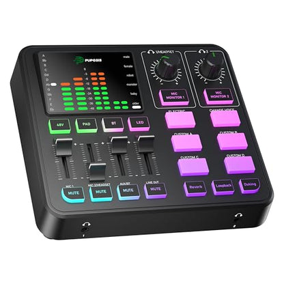 PUPGSIS Gaming Audio Mixer, Audio Interface for PC/Podcast/Streaming, Sound Board with 3.5mm/XLR Mic Input, 48V Phantom Power, Voice Changer, Live Sound Card with DJ Mixer Effects/Bluetooth/4 Channel - color: Black