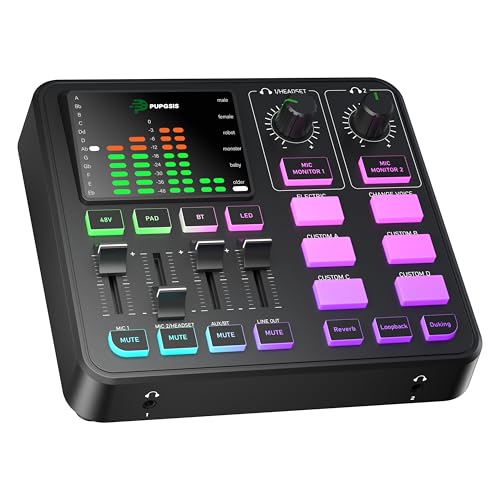 PUPGSIS Gaming Audio Mixer, Audio Interface for PC/Podcast/Streaming, Sound Board with 3.5mm/XLR Mic Input, 48V Phantom Power, Voice Changer, Live Sound Card with DJ Mixer Effects/Bluetooth/4 Channel - color: Black
